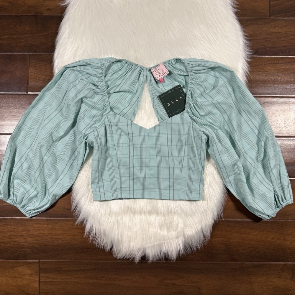 Buru Size Small Aqua Stripe Sweetheart‎ Neck Balloon Sleeve Bustier Cropped Top
